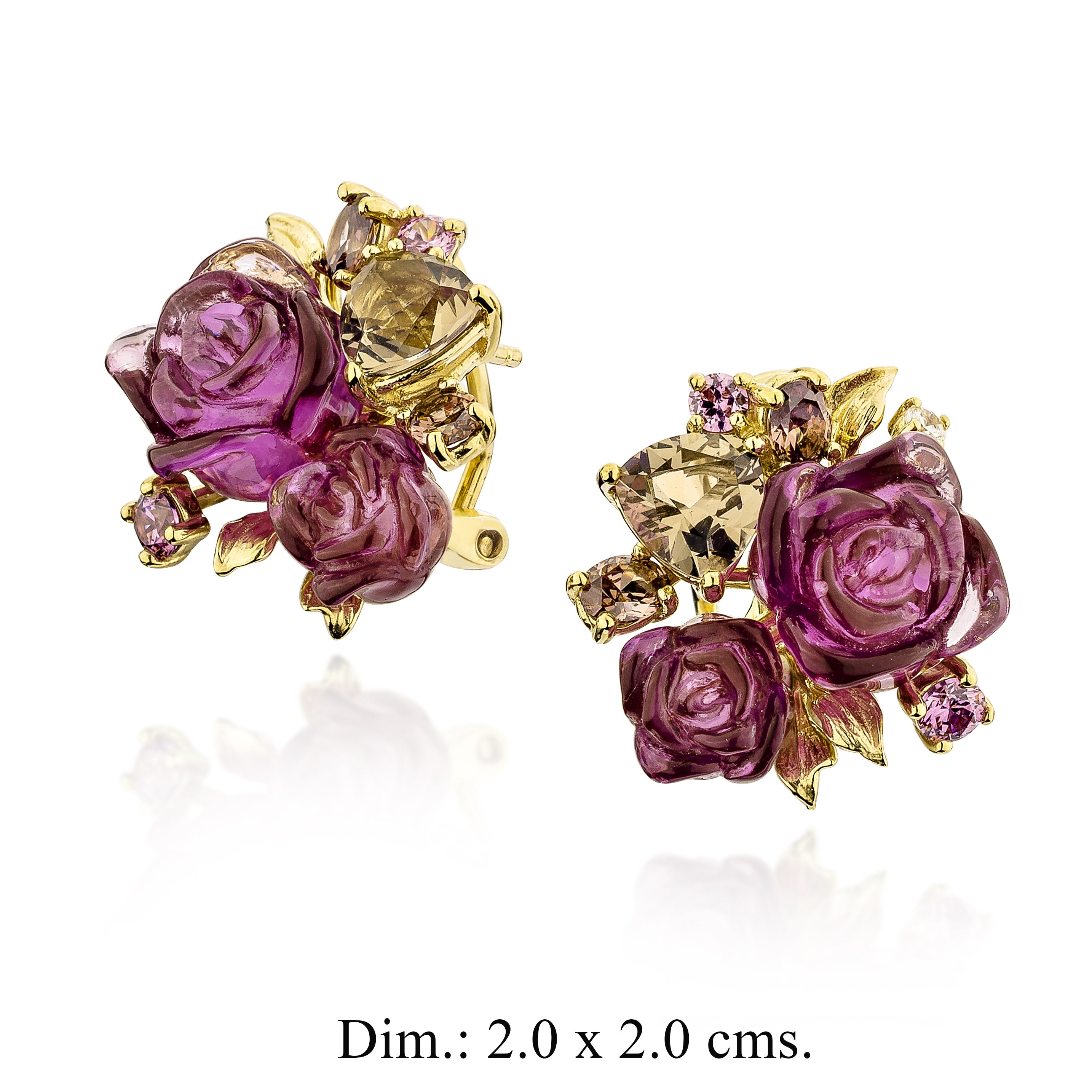 925YG CLUSTER FLOWER RESIN AMETHYST BROWN WHITE CZ EARRINGS