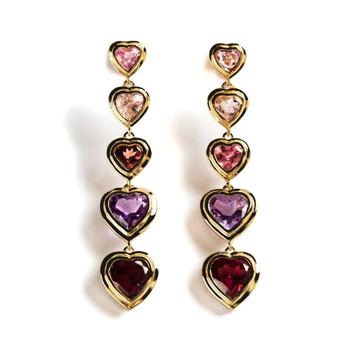 ARETES ORO AMARILLO 14KT CON 5 CORAZONES TURMALINA Y ZAFIROS ROSADOS
