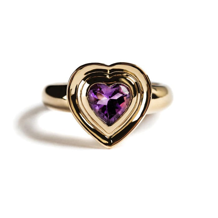 ANILLO ORO AMARILLO 14KT CON BIESEL DE CORAZON DE AMATISTA