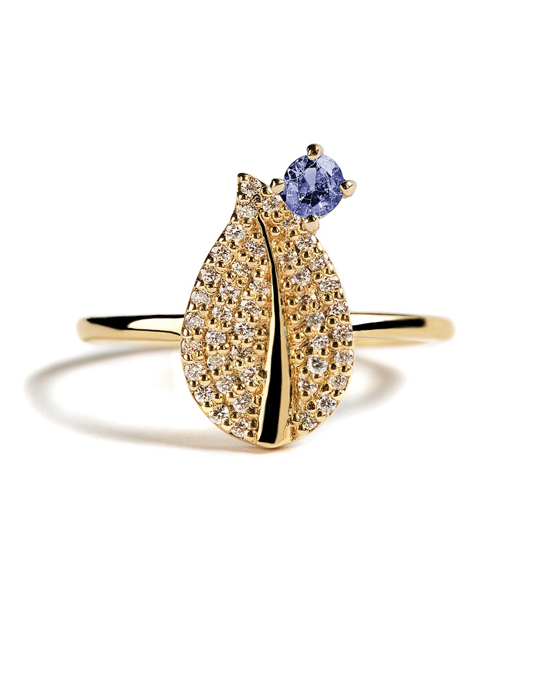 ANILLO DE HOJA CON DIAMANTES Y IOLITA EN ORO AMARILLO 14K 0.22CTW