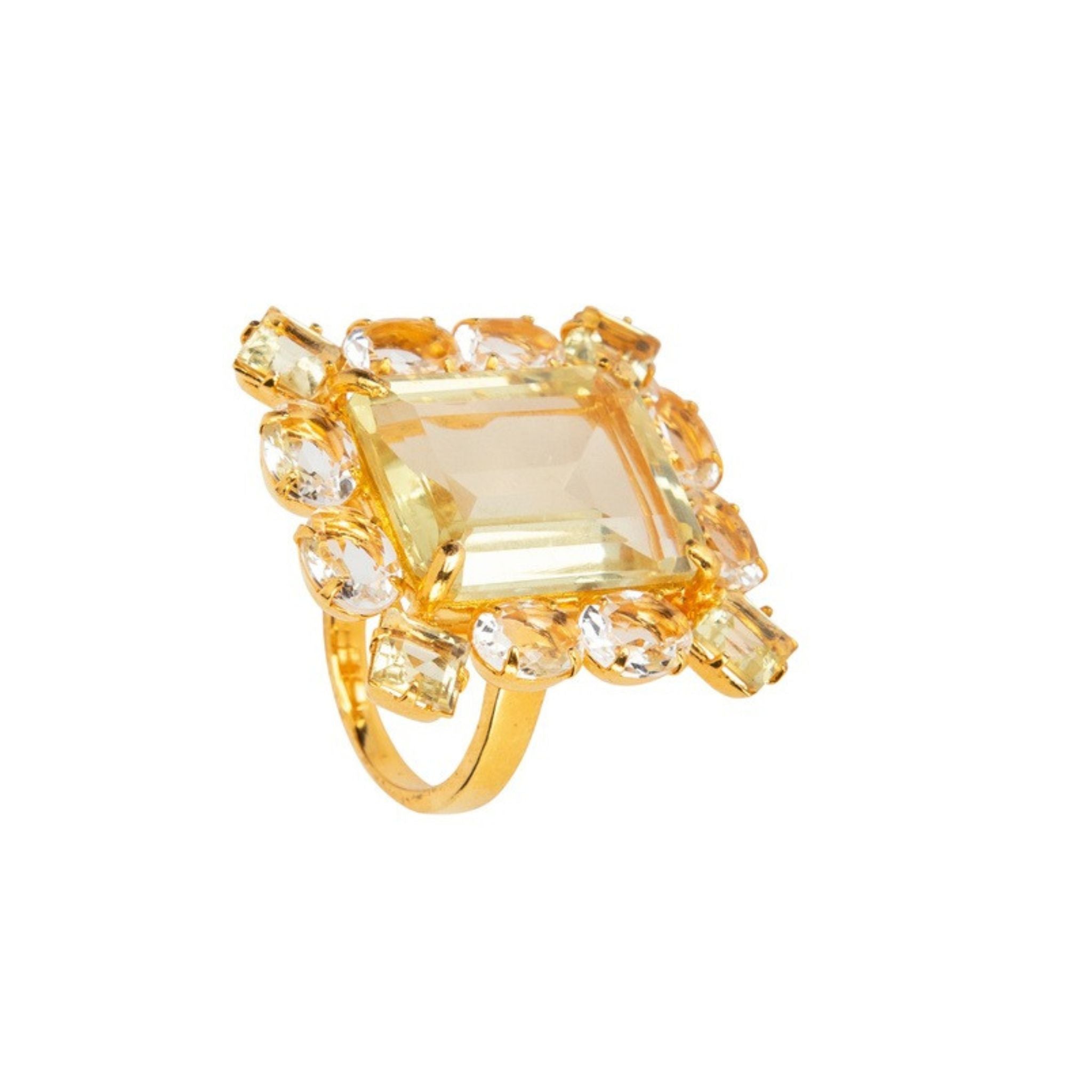 RING 20X15 EMERALD CUT LEMON QUARTZ SURROUNDED WITH SQUARES AND OVALS CLEAR QUARTZ