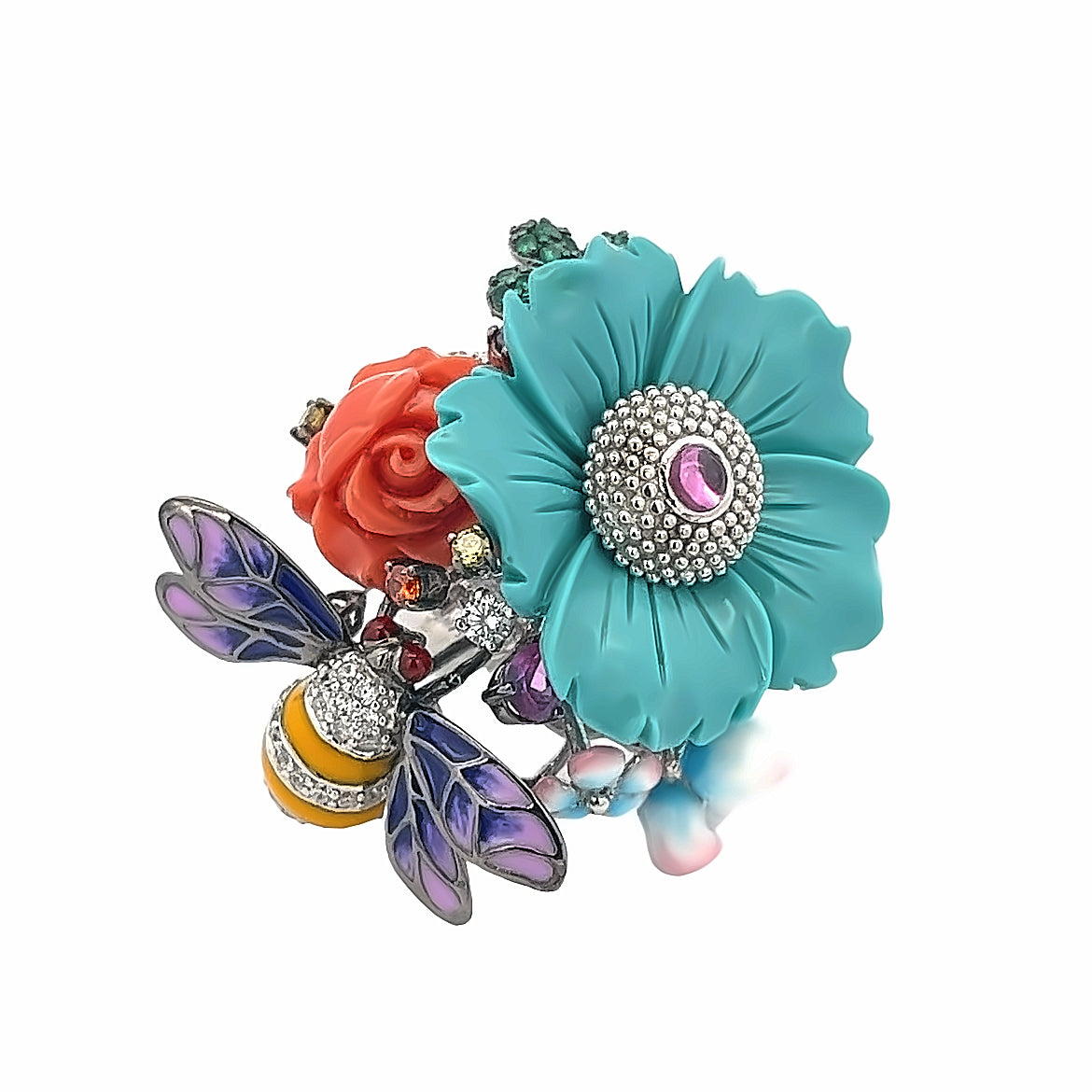 RING SILVER CENTER FLOWER TURQUOISE ORANGE CORAL & SYN PINK  STAR CUT