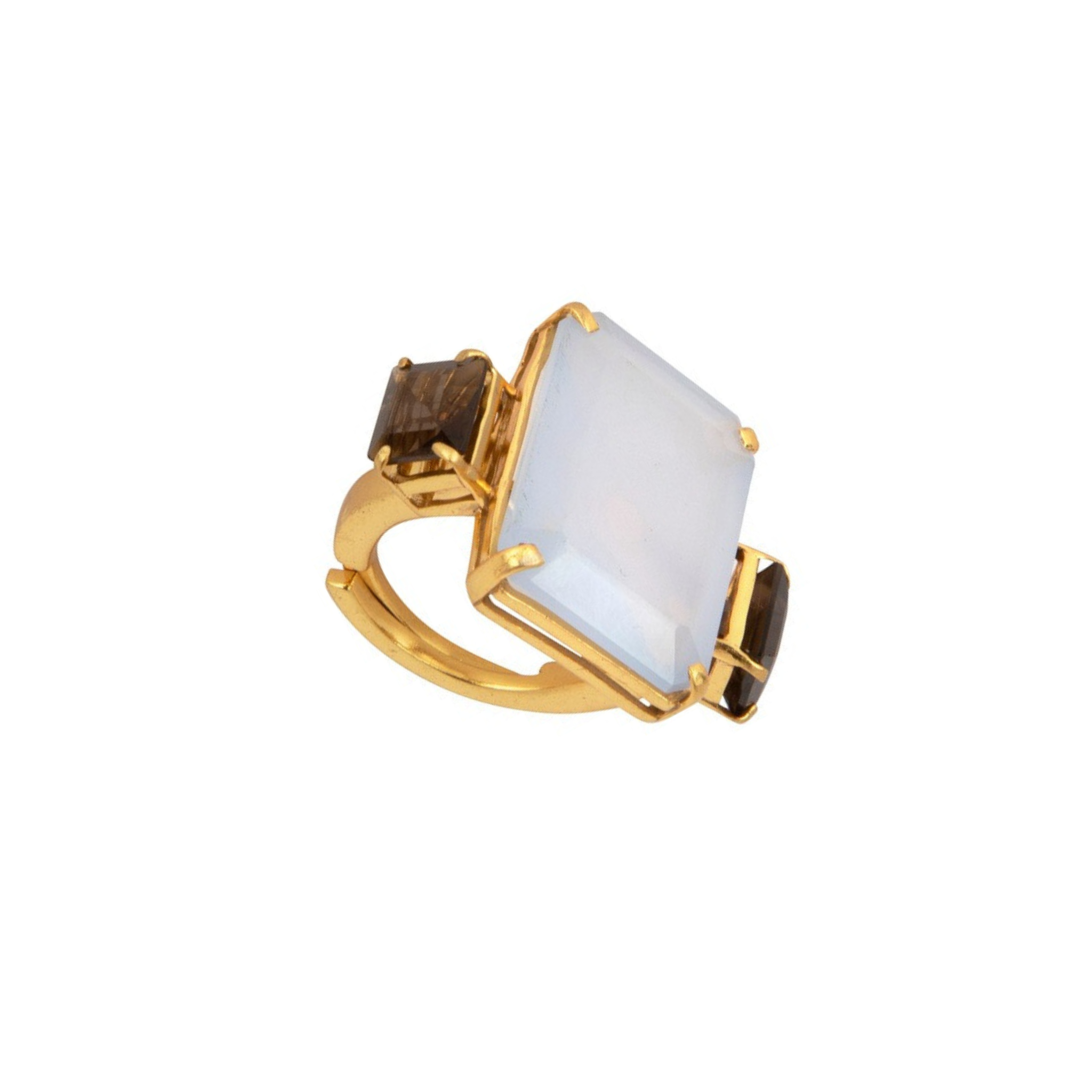RING SET WITH 20X15 EMERLD CUT CHALCEDONY AND SMOKYON THE SIDES