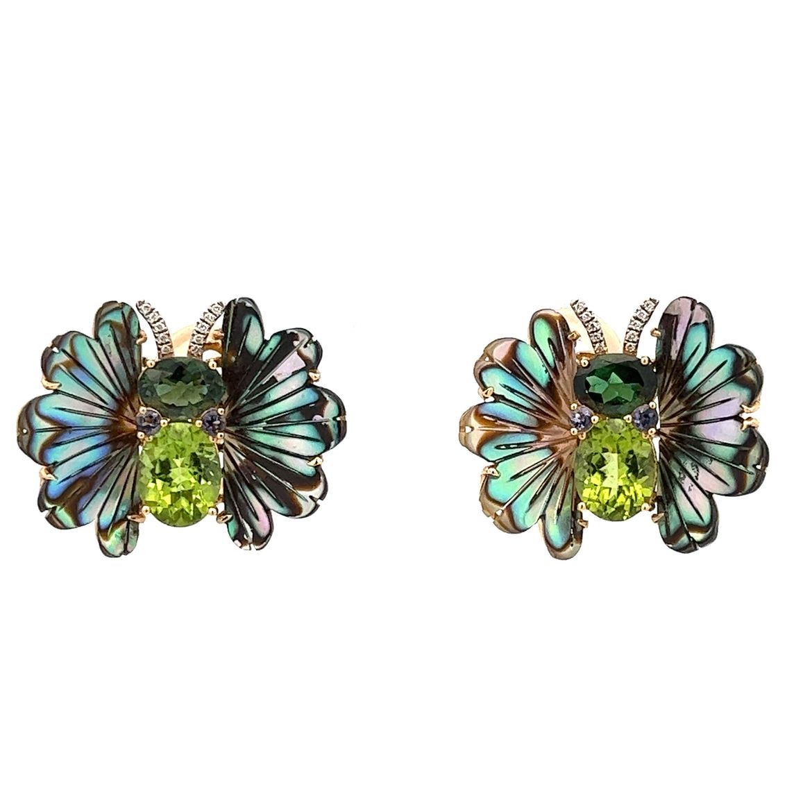 D0.07CT 18KY BUTTERFLY EARRINGS IONITE 0.24CT TOURMALINE 2.55CT PERIDOT 5.15CT MOP 12.30