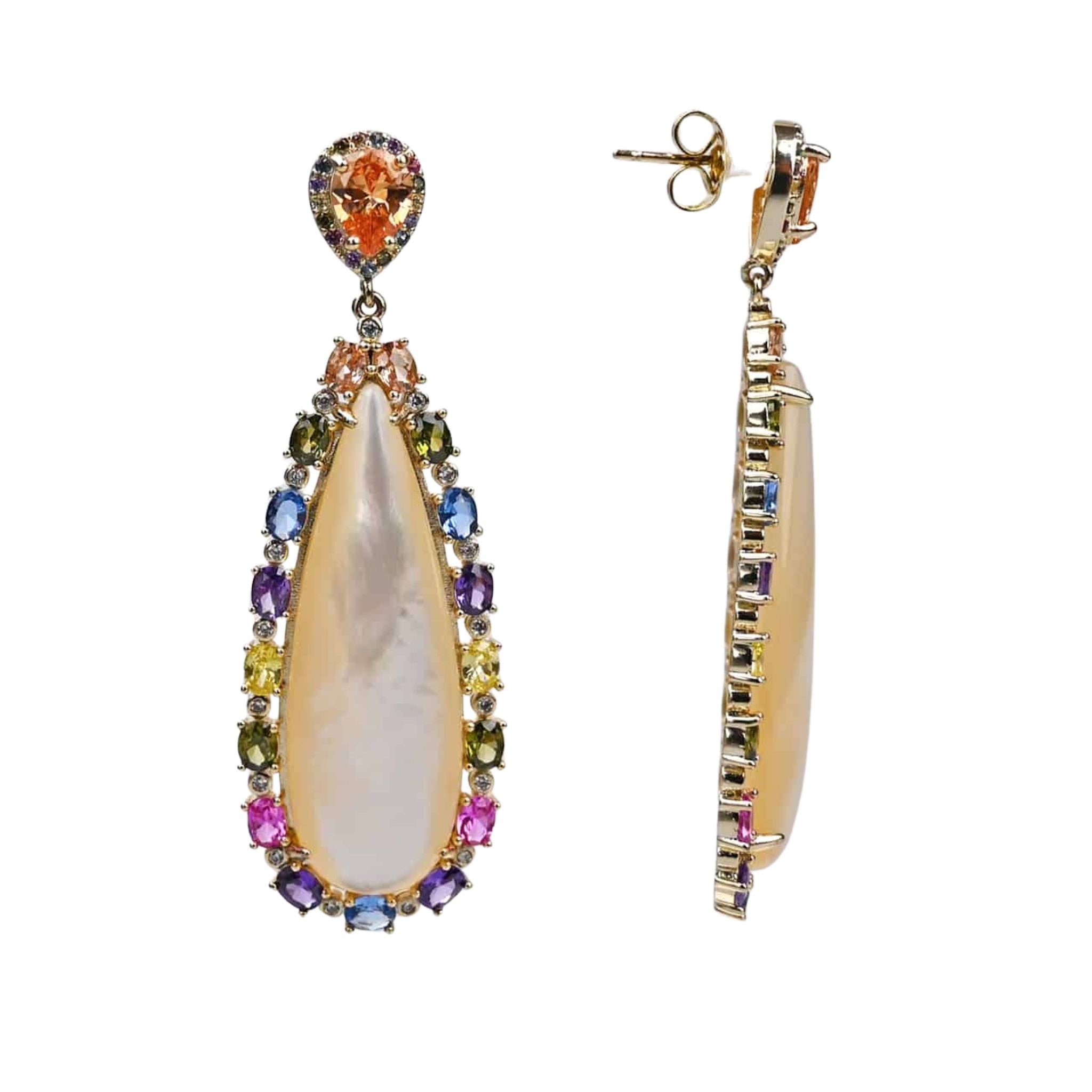 Aretes Halo Colgantes con Circonias Multicolor en Plata 925 Bañada en Oro Amarillo