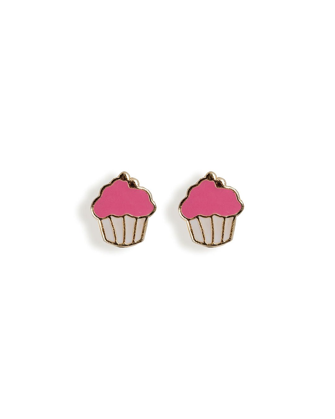 ARETES DE BEBE EN FORMA DE CUPCAKE CON ESMALTE BLANCO Y ROSADO EN ORO AMARILLO DE 14K - C'SANTOS