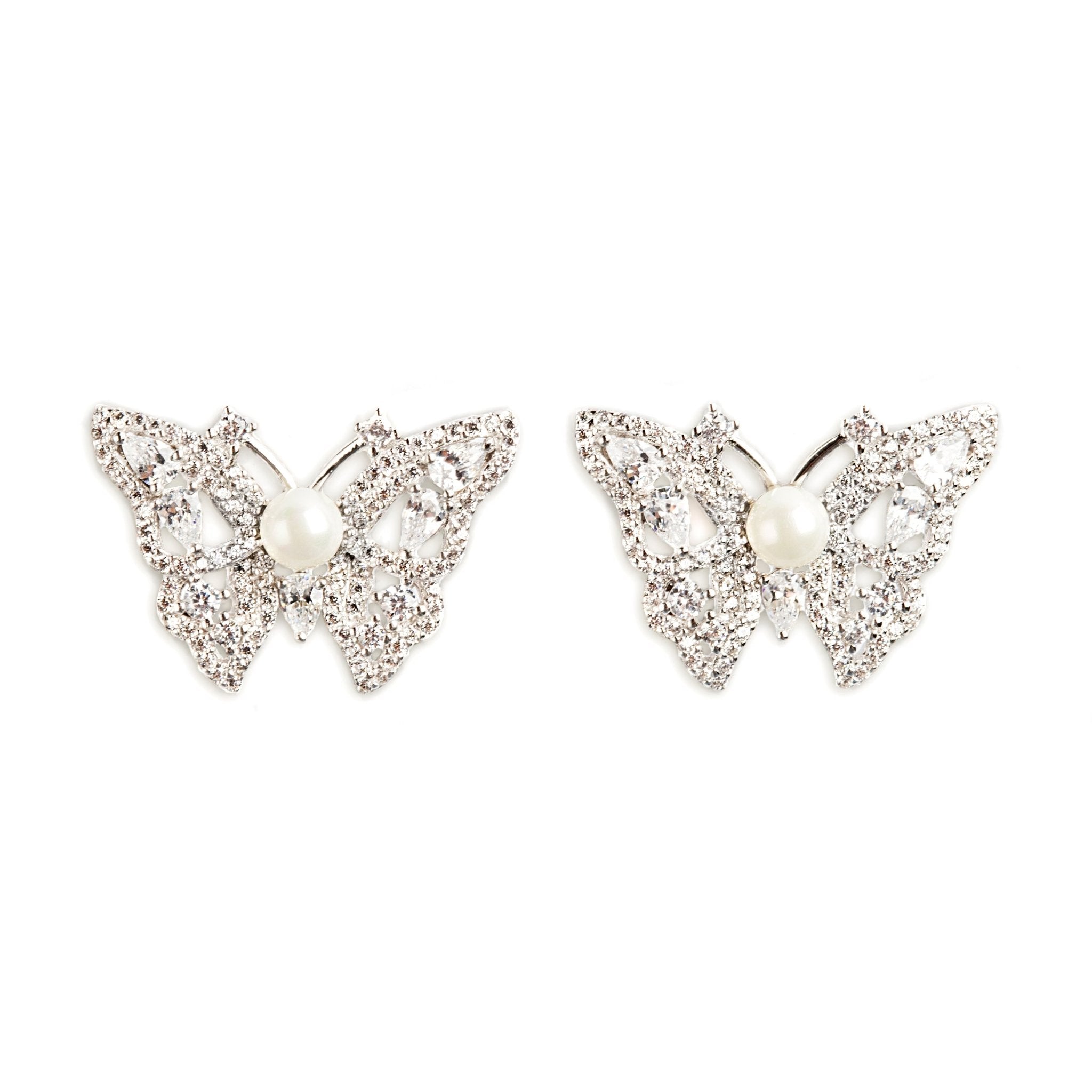 ARETES DE PLATA 925 DE MARIPOSA CON CRISTALES Y PERLA - C'SANTOS